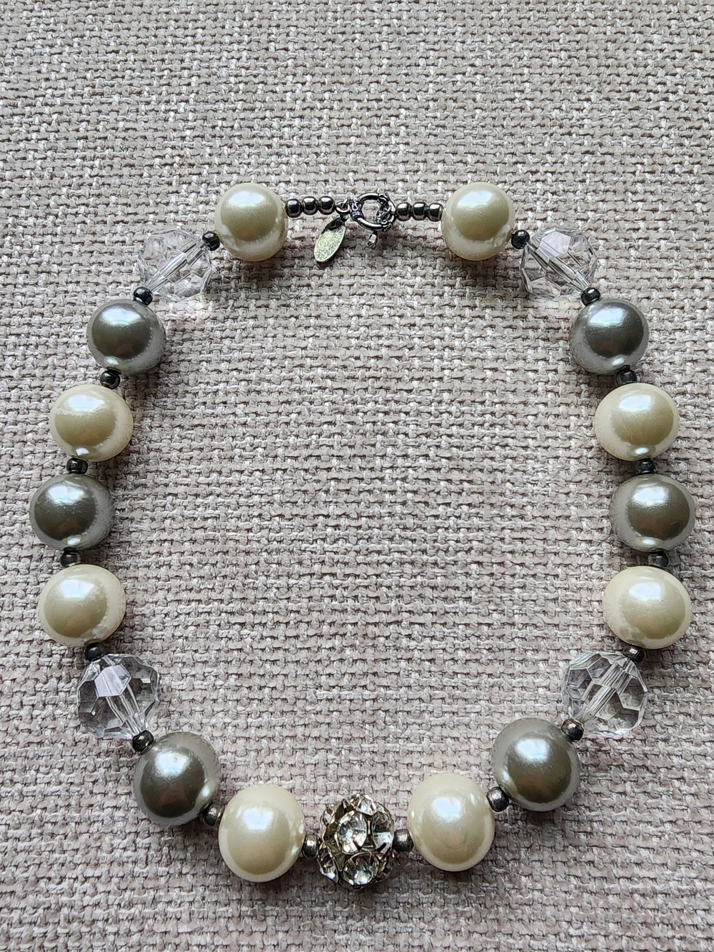 DollBaby Statement Necklace Faux Pearl Crystal Rhinestone Beaded Silver Tone